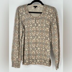 Talbots button-front cardigan‎ sweater in a metallic floral scrollwork pattern.